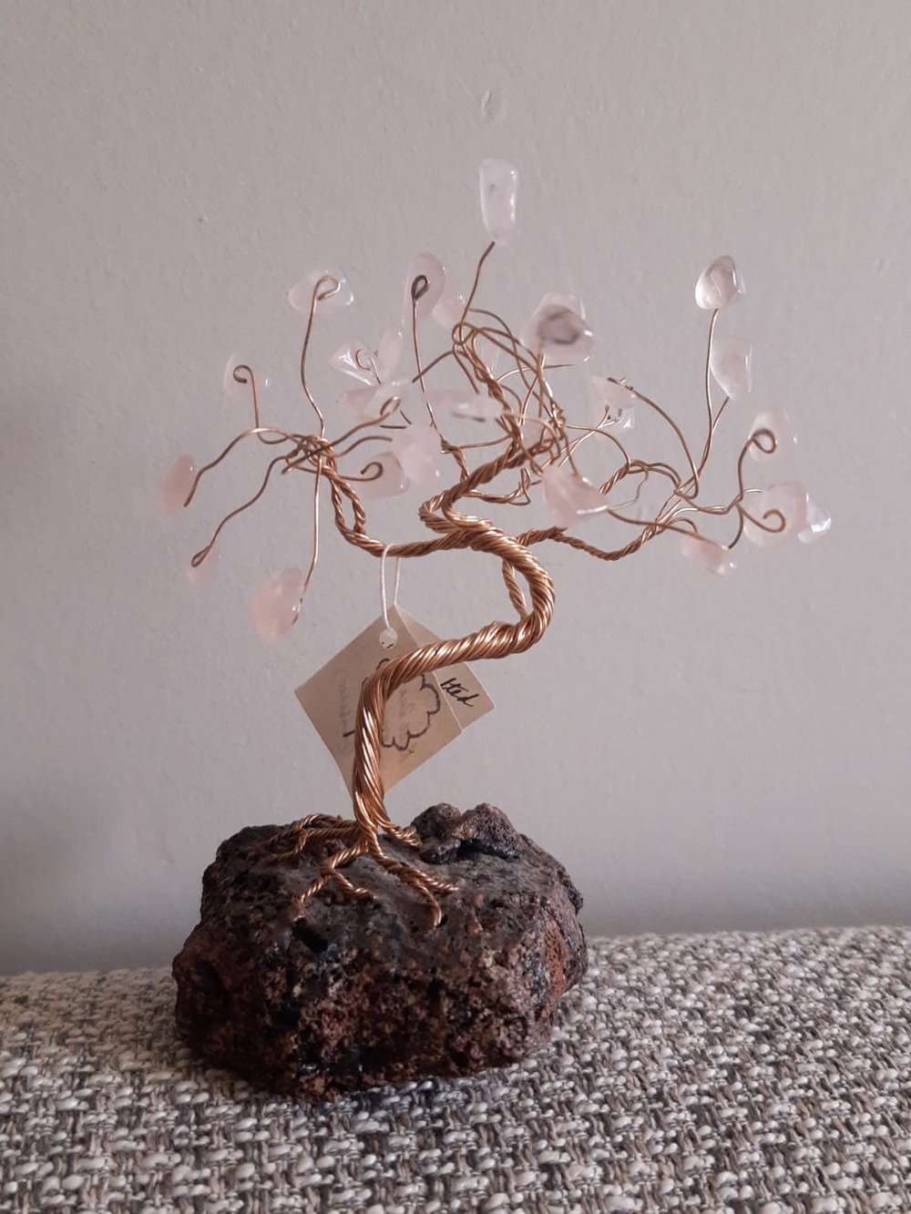 Handcrafted Copper Wire Tree with Rose Quartz Chips - Pink Gemstone Home Art
